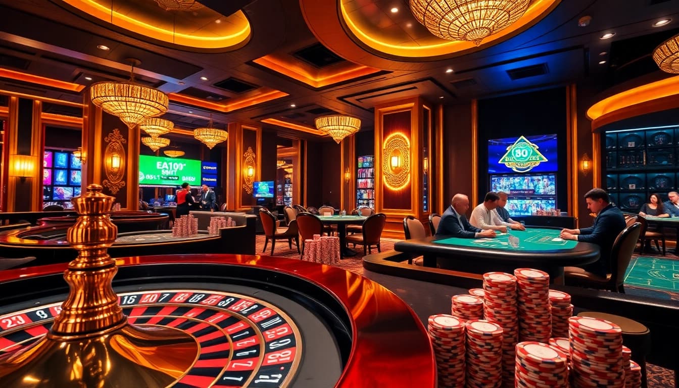 Exciting casino scene with players enjoying games at mu88, showcasing poker, roulette, and colorful chips.