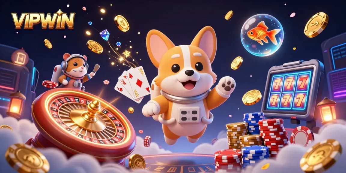 VIPWIN showcases a thrilling space casino scene with an astronaut corgi and poker chips floating in zero gravity.