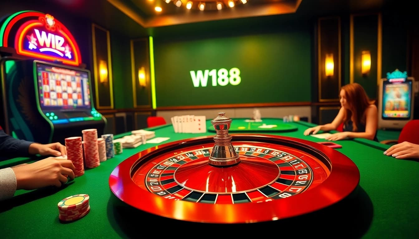 Exciting W188 casino scene with modern poker table and roulette wheel for gamblers.