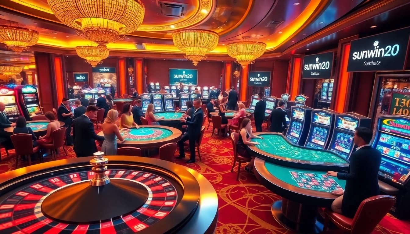 Excited players enjoying games at a luxurious casino with a sunwin20 theme.