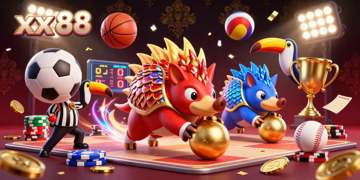 Experience the excitement of xx 88 as rival pangolins compete, rolling through poker chips with vibrant sports elements.