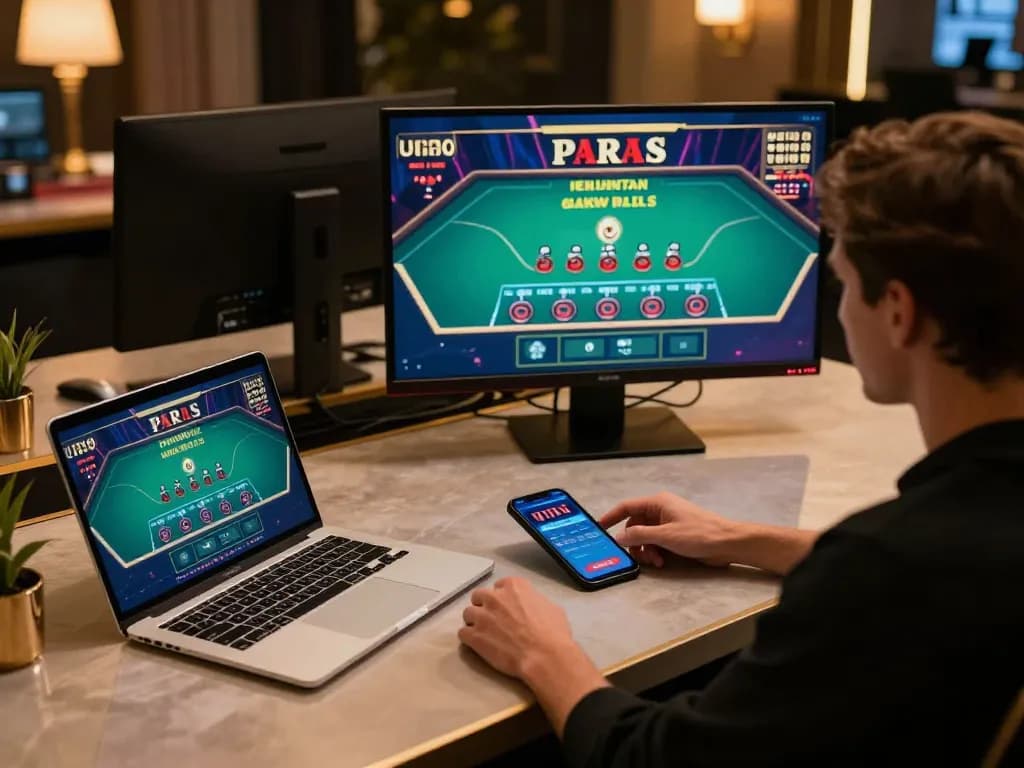 Engaging in an online blackjack game with ok 365 on a high-resolution screen at a stylish home setup.