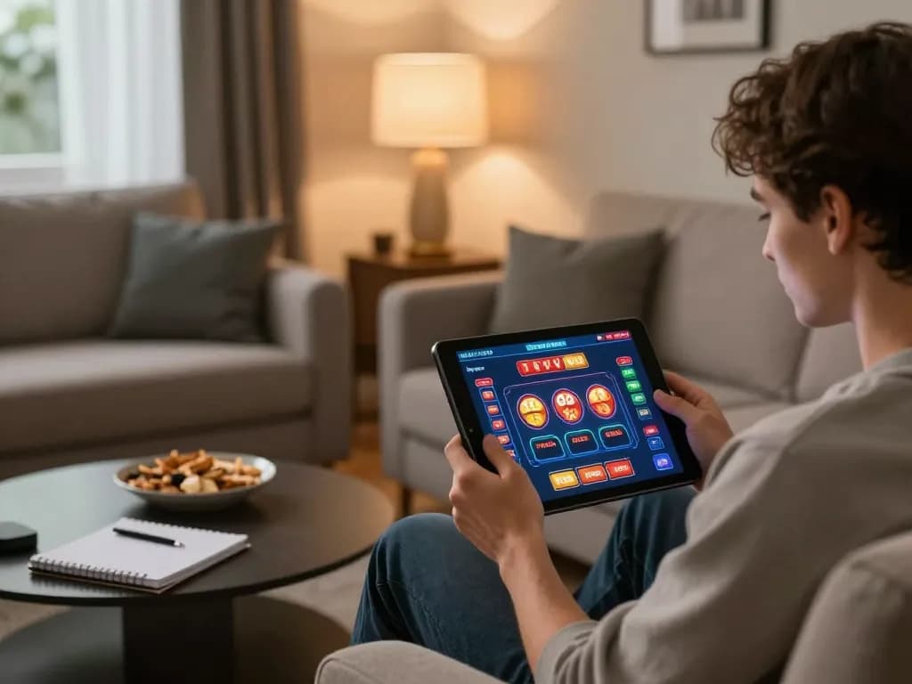 Engaged player using 88vvgo app on tablet for online casino gaming at home.