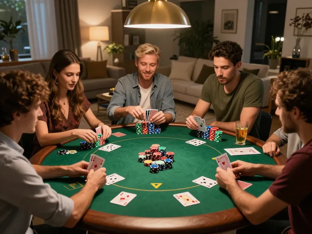 Participants enjoying a poker night at home with strategy notes and vibrant chips, highlighting nowgoal.