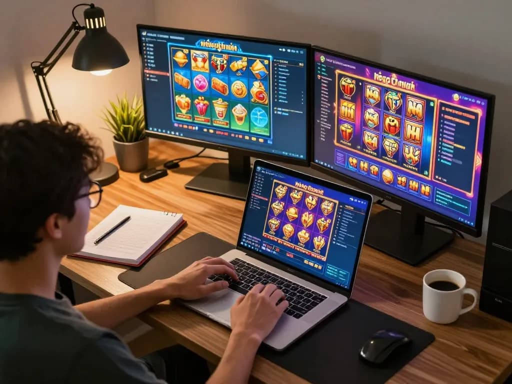 Engaging in an online nổ hũ game session from a sleek home office setup showcasing vibrant gameplay
