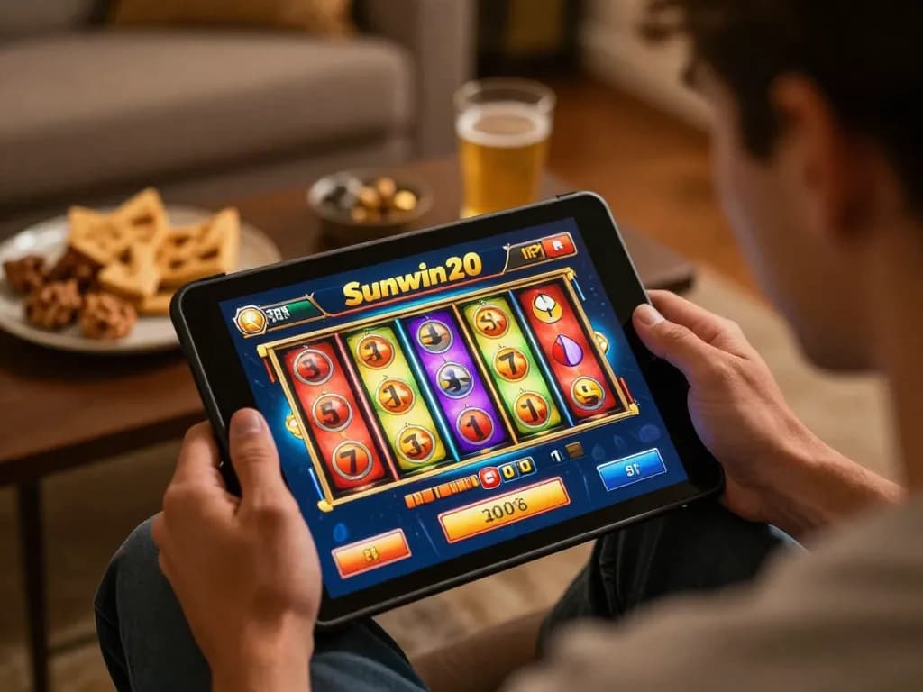 Online gaming with Sunwin20 on tablet in a cozy setting, showcasing exciting slot gameplay