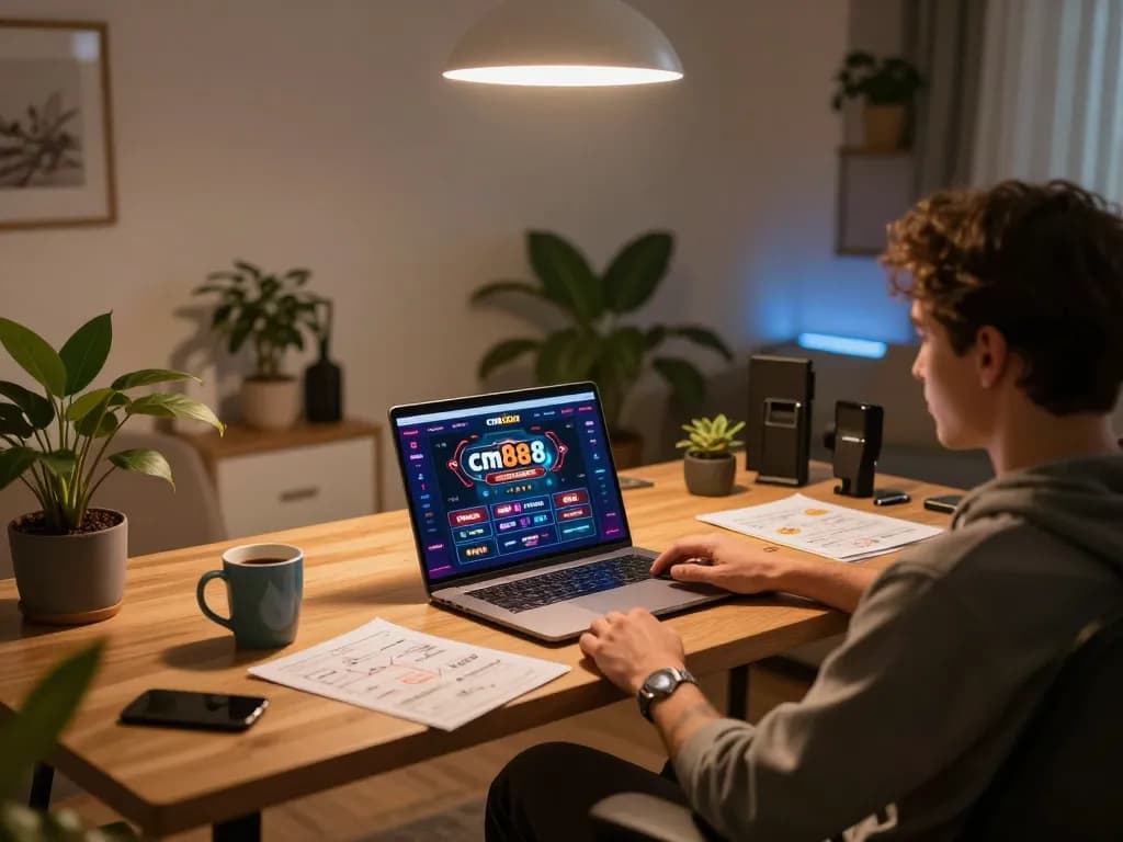 Engaging online casino gameplay on cm88com with player using laptop in cozy home setup.