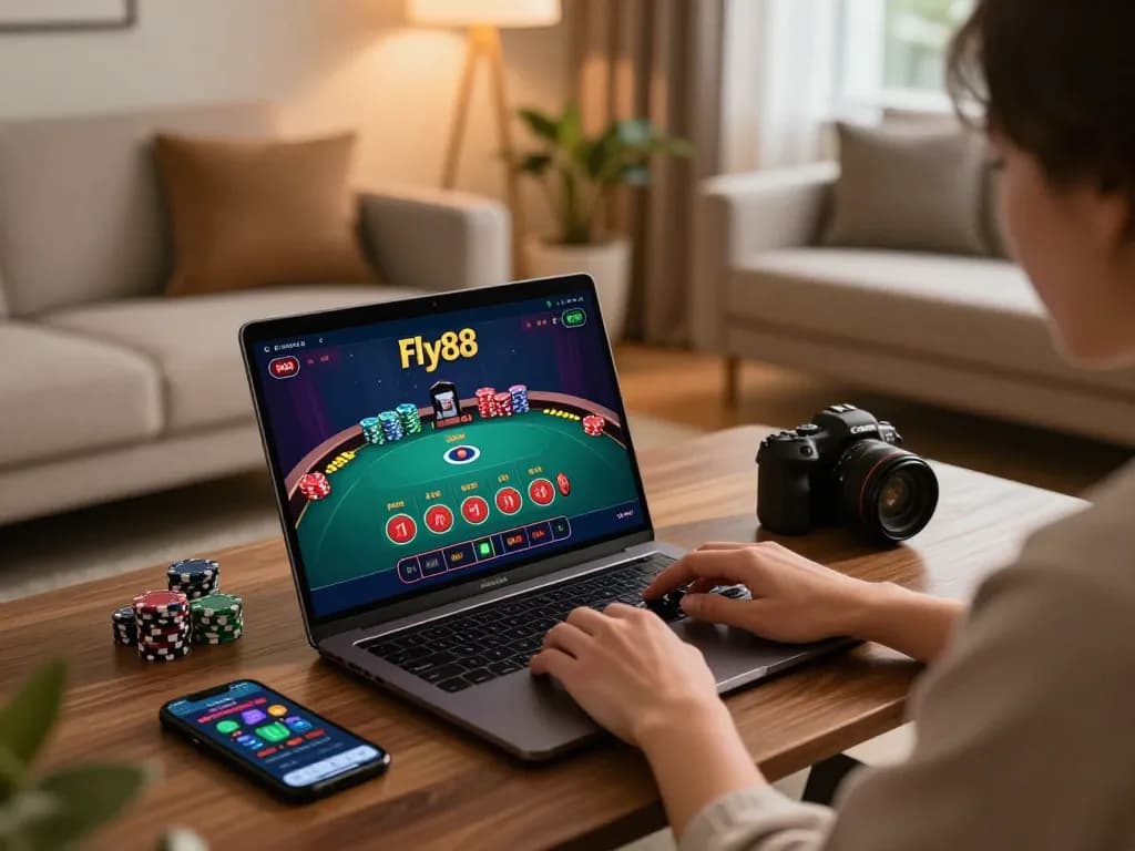 Engaged player enjoying an online gaming session at Fly88, displaying laptop with live dealer gameplay.