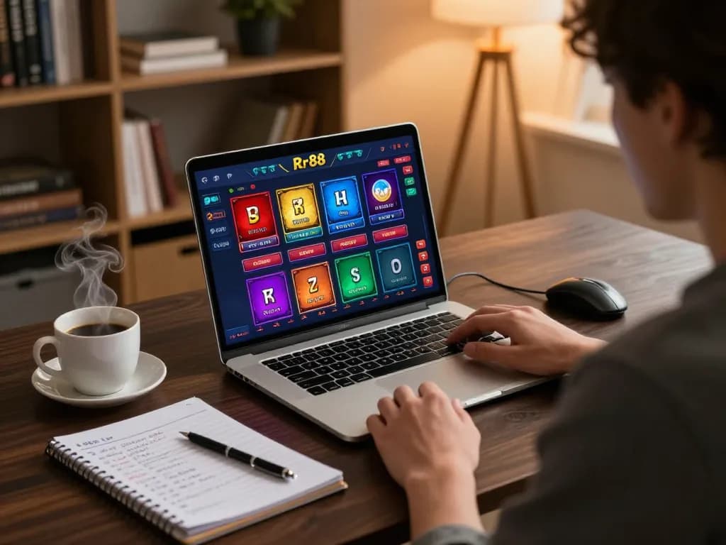 Engage with rr88 online casino gaming from the comfort of home, showcasing a dynamic setup with a laptop and strategic notes.