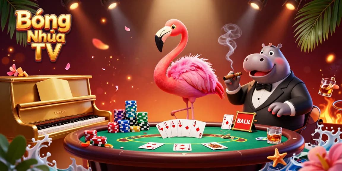 Experience thrilling live gambling with Bóng Nhựa TV featuring a lively casino scene complete with vibrant characters and poker elements.