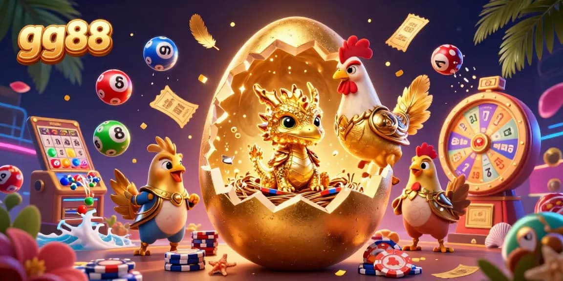 Experience the excitement of gg88 with a golden baby dragon amidst poker chips and vibrant casino elements.