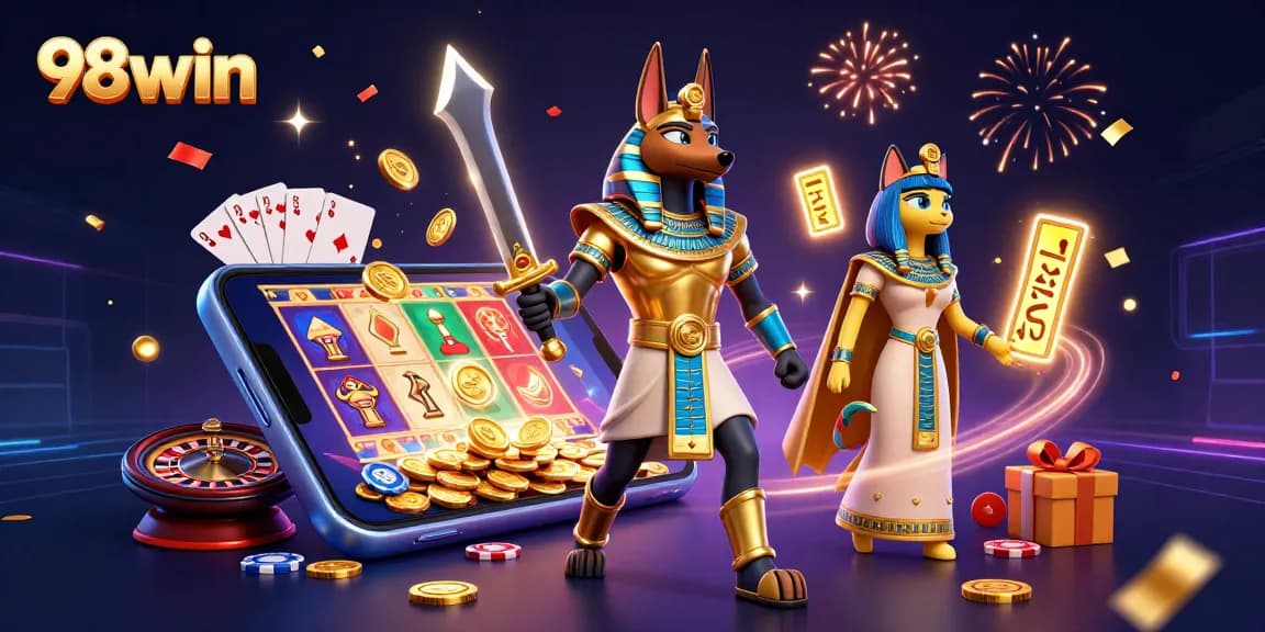 Engage with 98win's vibrant gambling scene featuring Anubis and Bastet in a dynamic casino atmosphere.