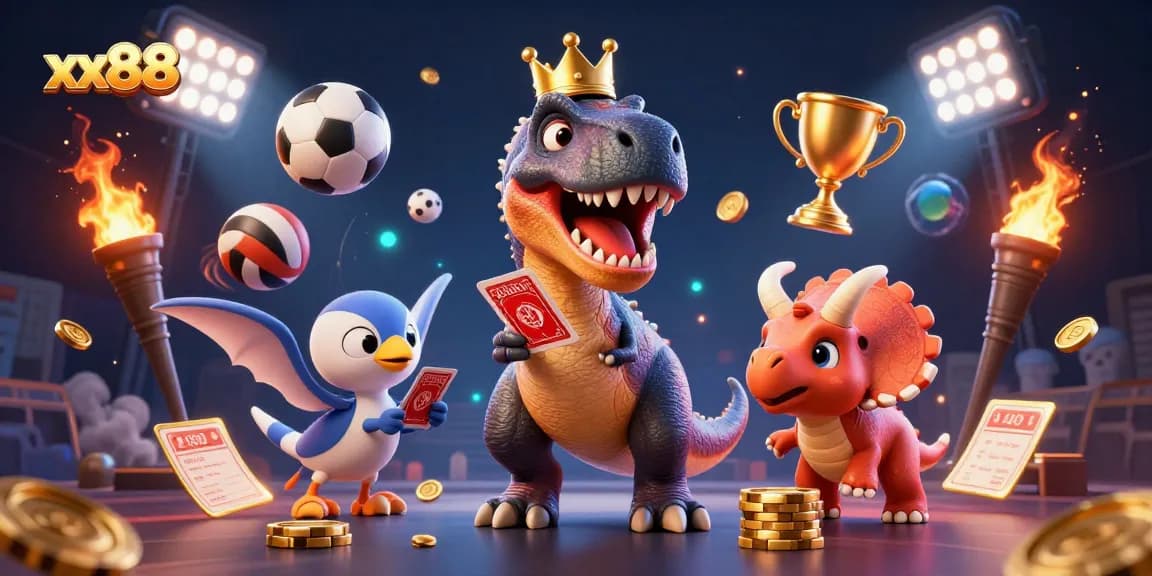 Get ready to win big with xx88 as a T-Rex shuffles cards energetically with a baby triceratops stacking golden chips!