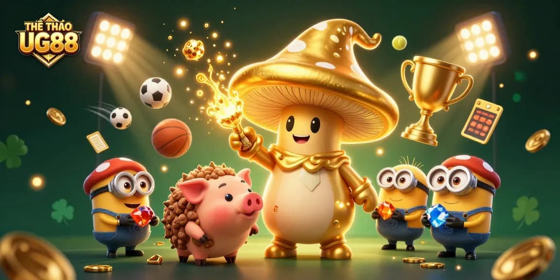 Experience THỂ THAO UG88 as the golden mushroom wizard conjures sports excitement in this dynamic gaming scene.
