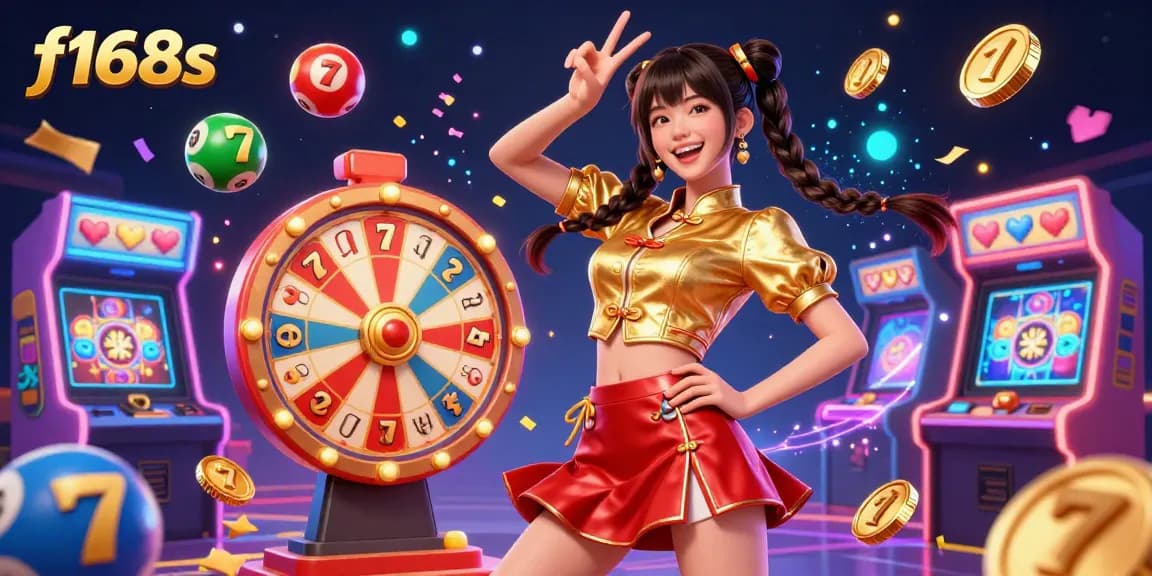 Engage with f168s in a vibrant casino setting, featuring a happy Asian woman and dynamic game elements promoting winning strategies.