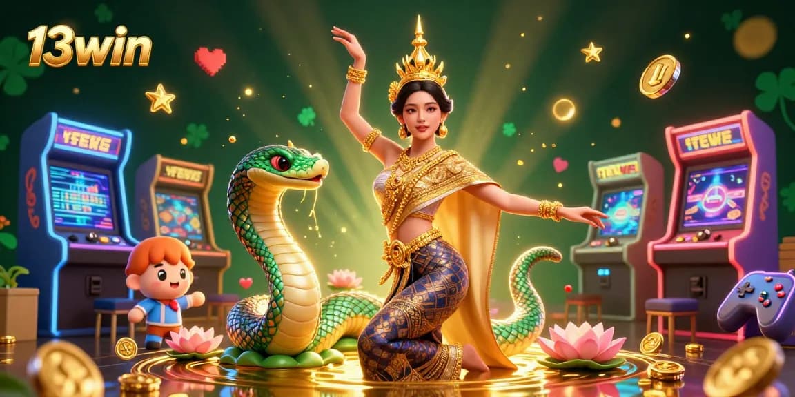 Engage with 13win casino featuring an elegant Thai dancer amidst vibrant gaming elements.