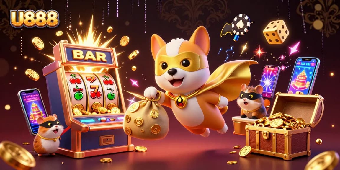 U888 casino adventure with a superhero dog and gold coins amidst vibrant slot game elements.