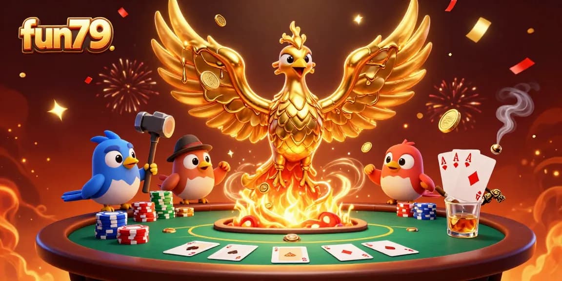 Experience the excitement of fun79 with a dynamic casino scene featuring gold coins, poker chips, and celebratory confetti.