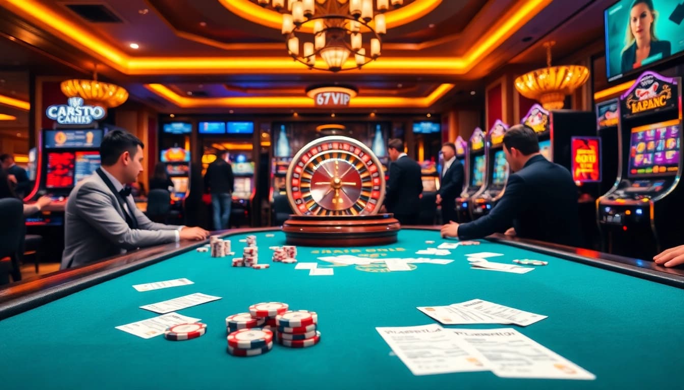Engaged players at 678VIP casino table with poker chips and a roulette wheel.