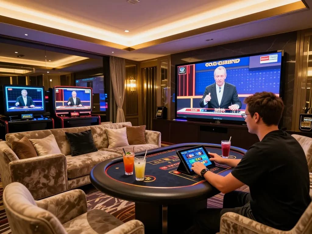 Engaging in go8 đăng nhập for online casino games using a tablet in a luxurious home setting
