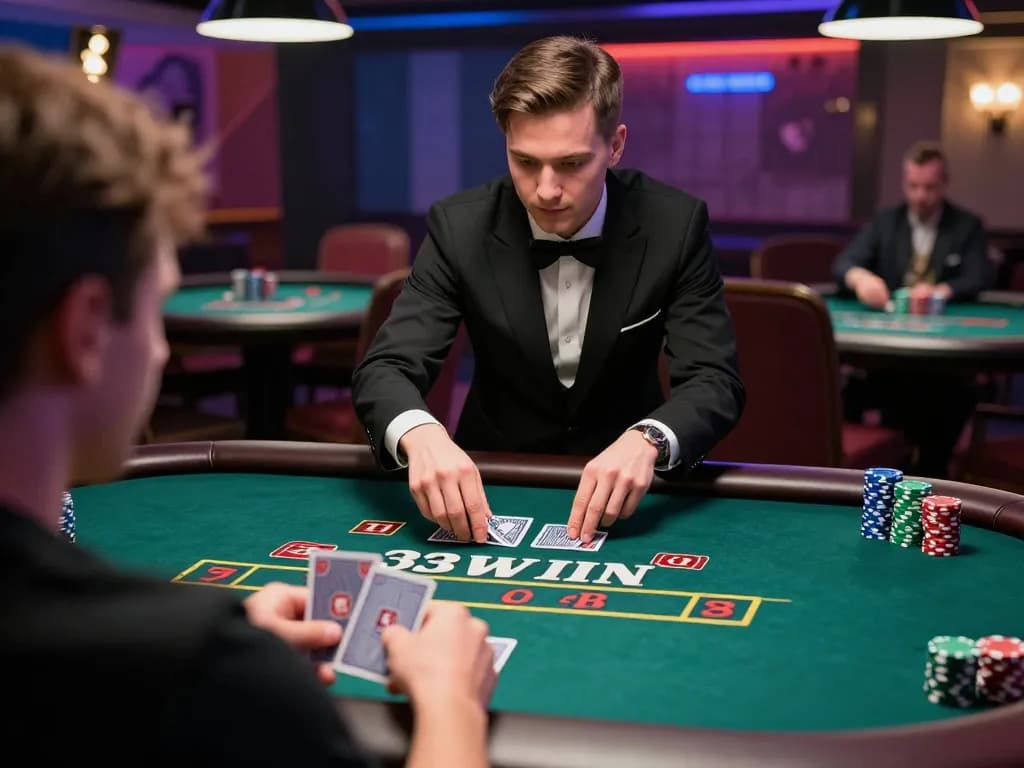 33win player engaged in thrilling live dealer blackjack game, showcasing strategic gameplay.