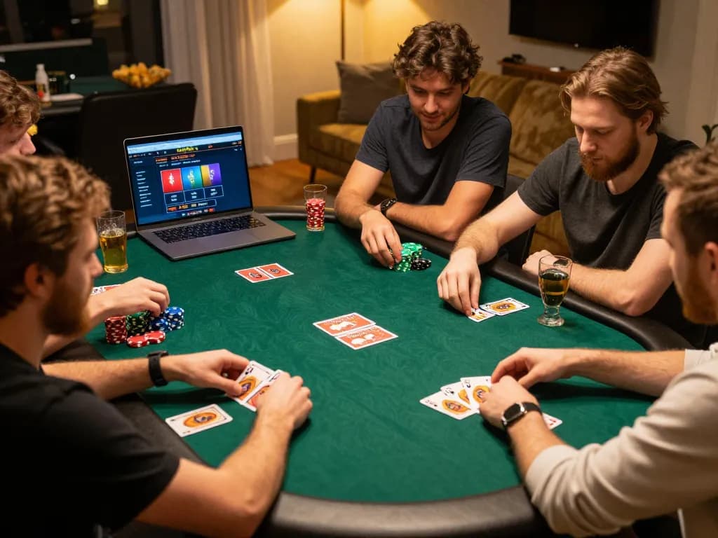 Players enjoying a poker night with the hay88x online casino interface on display, vibrant gaming atmosphere