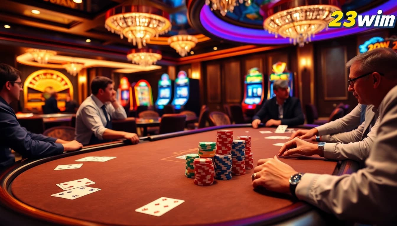 Experience the thrill of gambling at 23win with a luxurious casino scene featuring poker action.