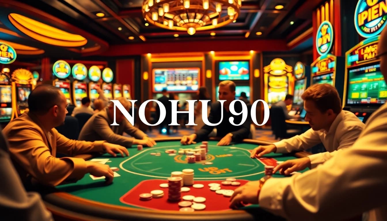 Players enjoy poker at a luxurious casino setting focusing on NOHU90's thrilling online experience.