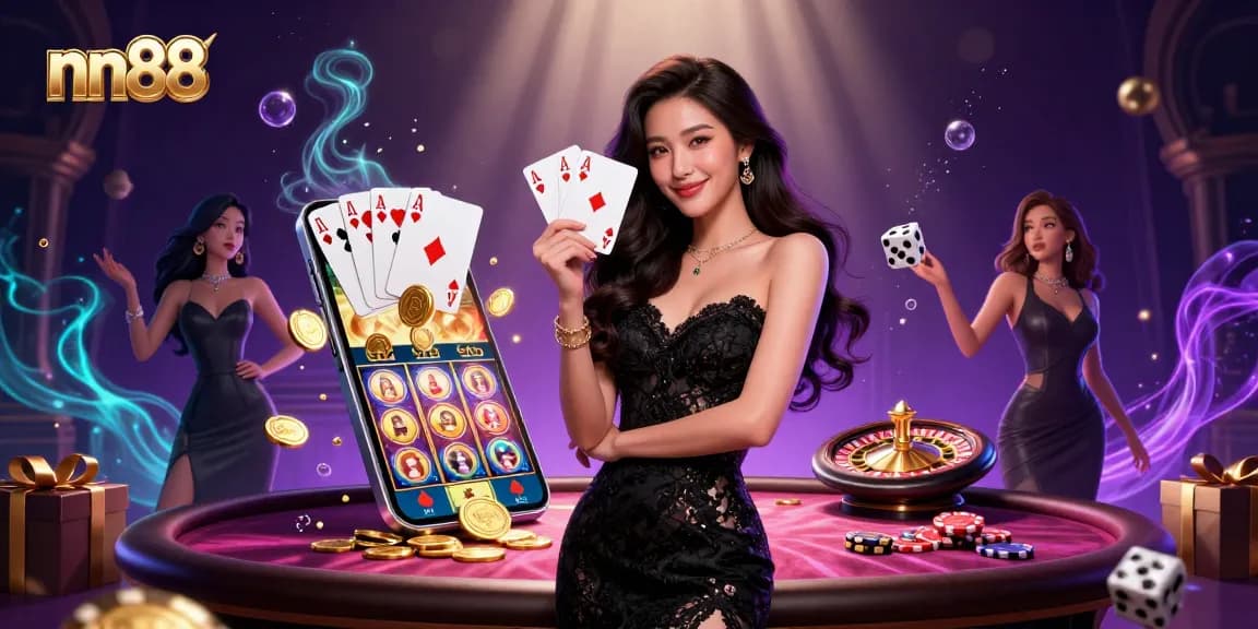 Experience winning excitement at nn88 with a captivating 3D casino scene featuring spins and cards.