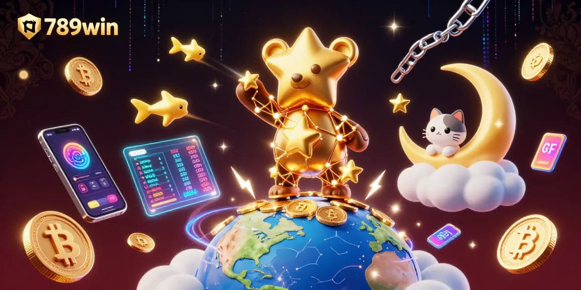 Engage with 789win in an enchanting 3D scene showcasing casino elements and a constellation bear gathering coins.
