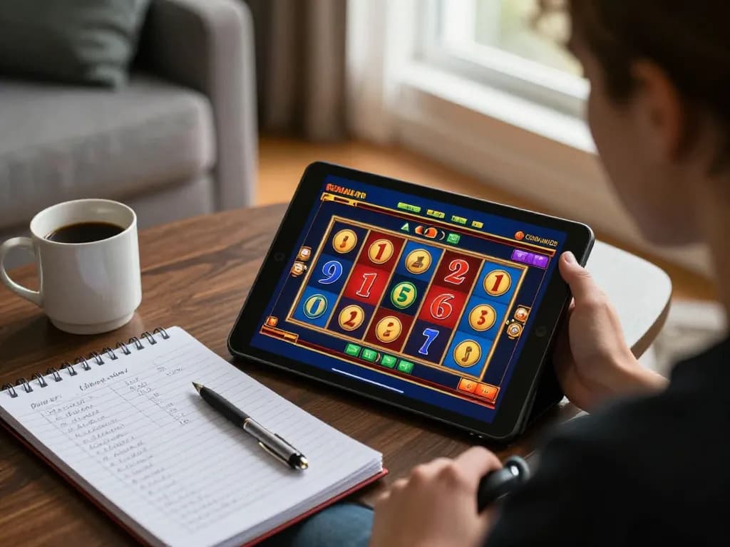 Sunwin player engaged in online slot game, showcasing vibrant interface and strategic notes.