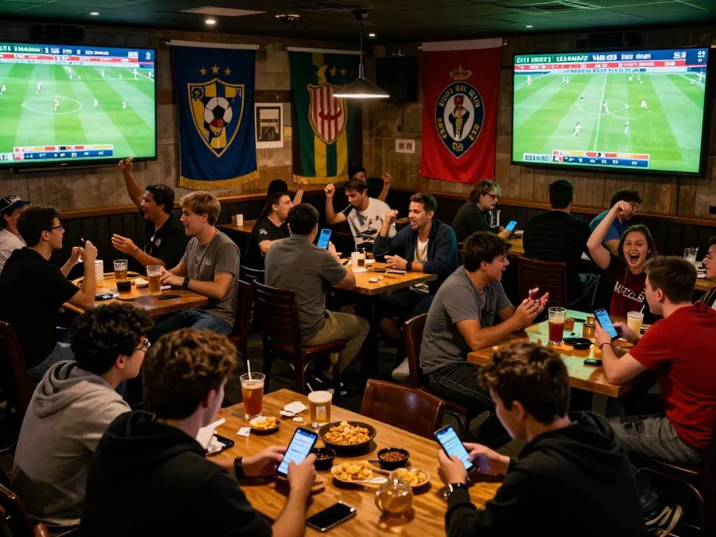 Kết quả bóng đá displayed on large screens as fans engage in betting excitement at a sports bar