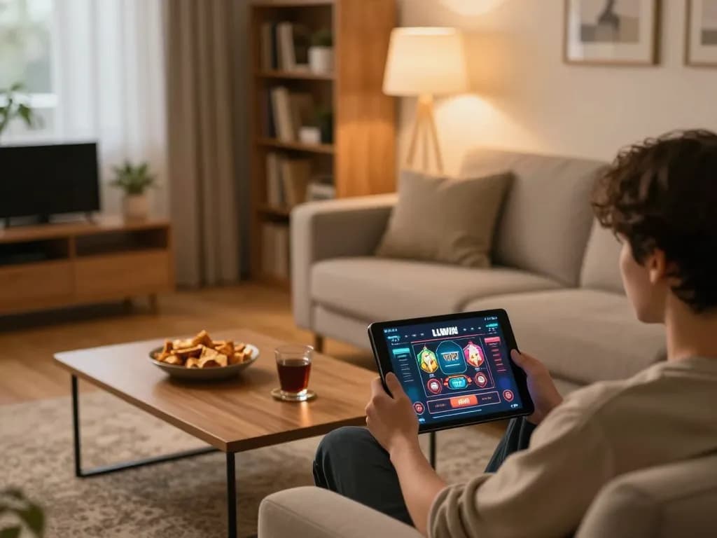 Player enjoying LLWIN casino on a tablet in a cozy living room with warm lighting
