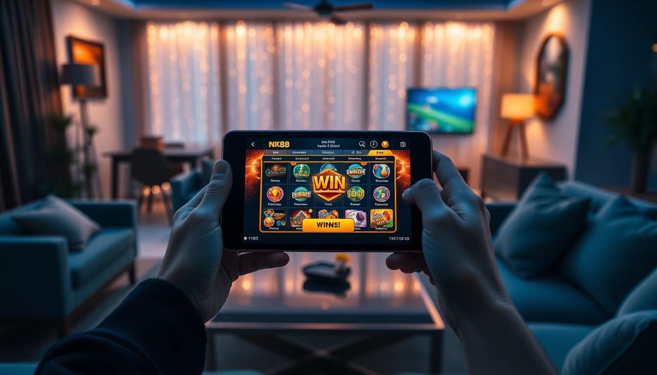 nk88 nhà cái gaming experience on a smartphone in a cozy setting