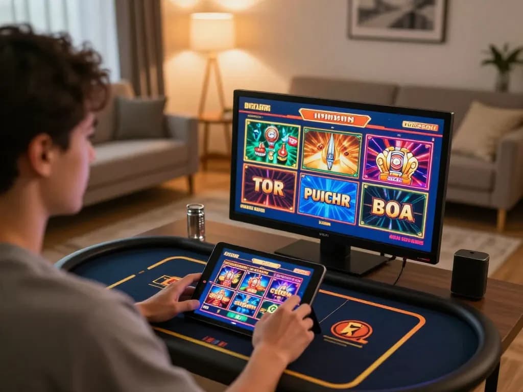 Player engaging with Bay789 online casino slots on tablet in a cozy living room setting.