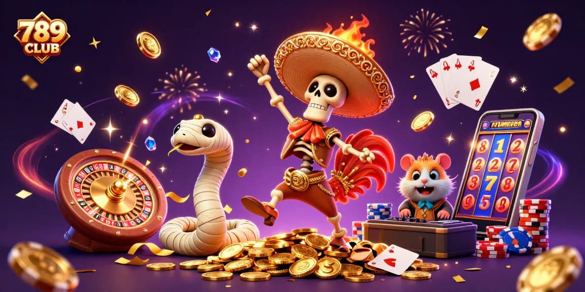 Experience win at 789 CLUB with a lively victory dance on golden coins amidst casino fun.