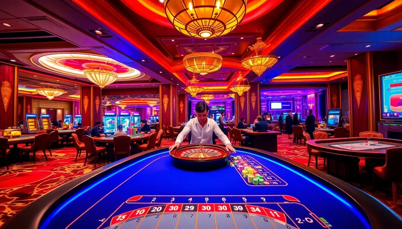 Experience thrilling gaming action at TK88 casino with poker and roulette tables.