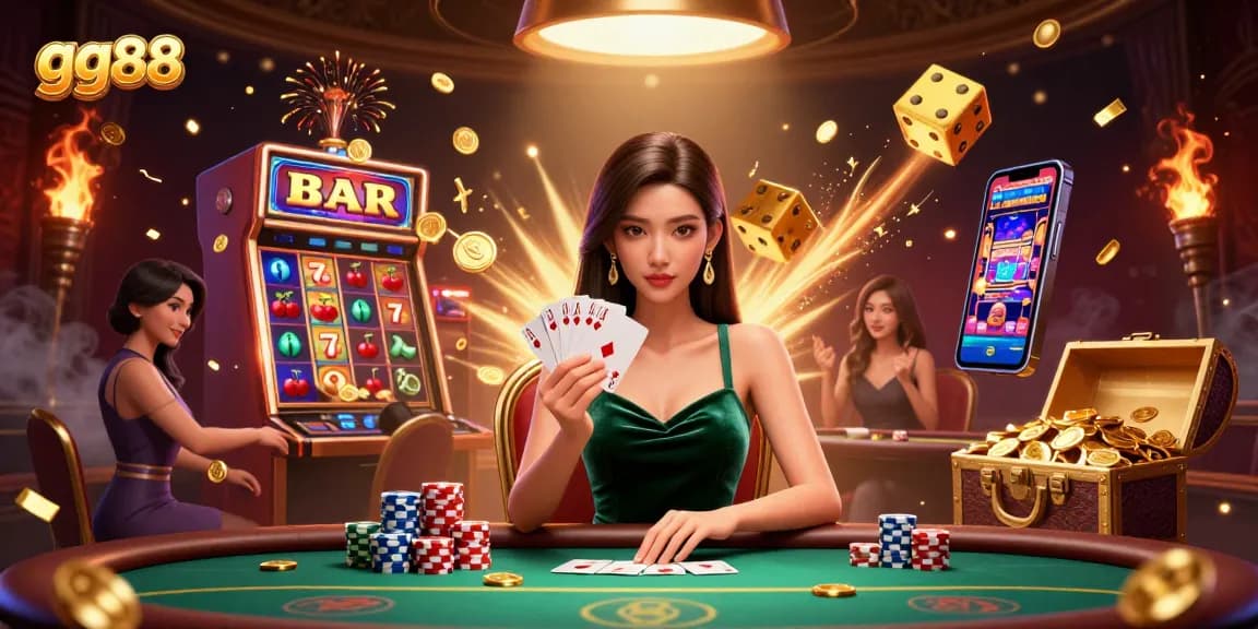 Experience the excitement of gg88 with a stunning Asian woman at a poker table, surrounded by jackpot symbols.