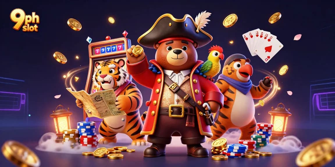 Engage with the 9ph slot featuring vibrant characters amid cascading coins and exciting slot elements.