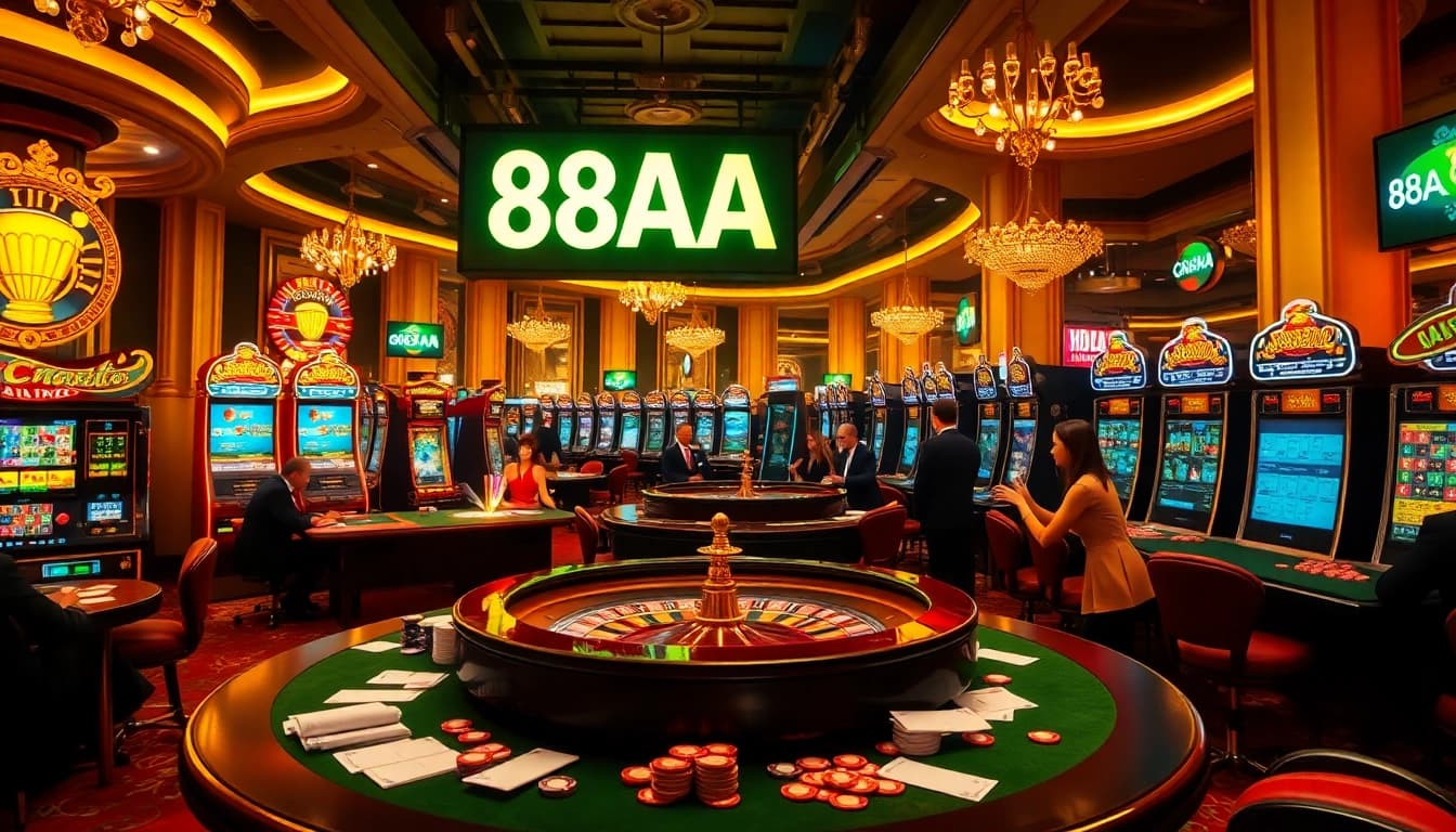 Experience thrilling gameplay at 88AA's lively casino, featuring poker, roulette, and slots in a vibrant setting.