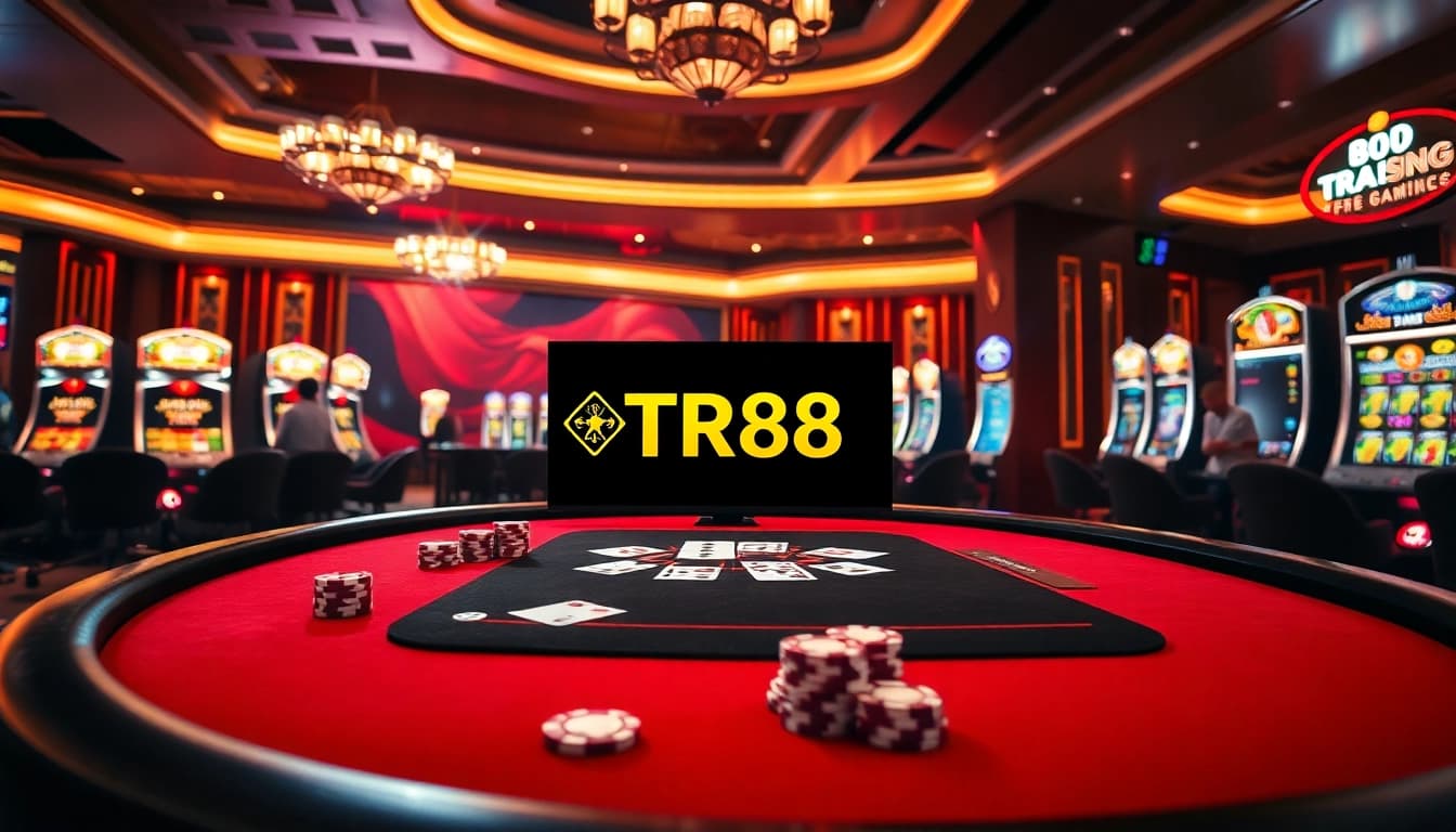 TR88 logo displayed on a luxurious casino table filled with poker chips and cards.