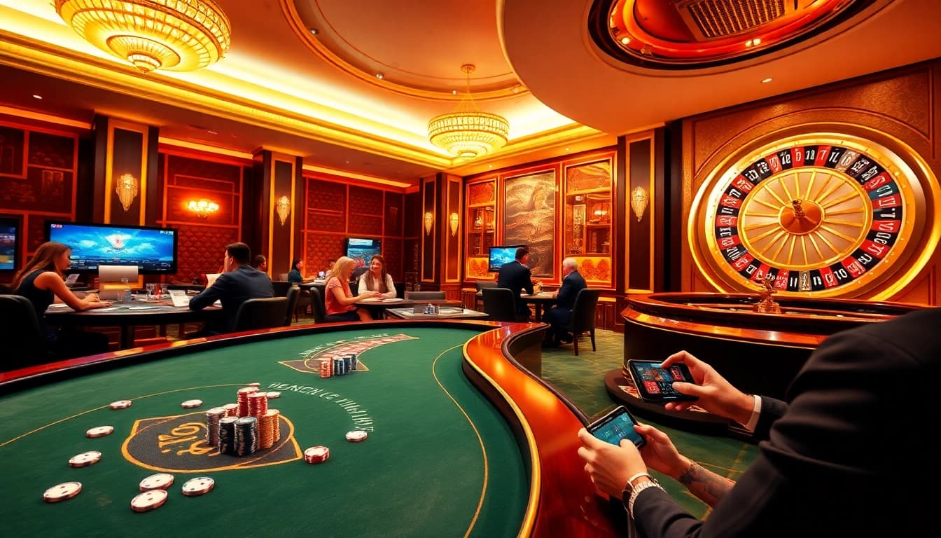 Go8 players enjoying thrilling casino games with poker chips and roulette wheel in a luxurious setting.