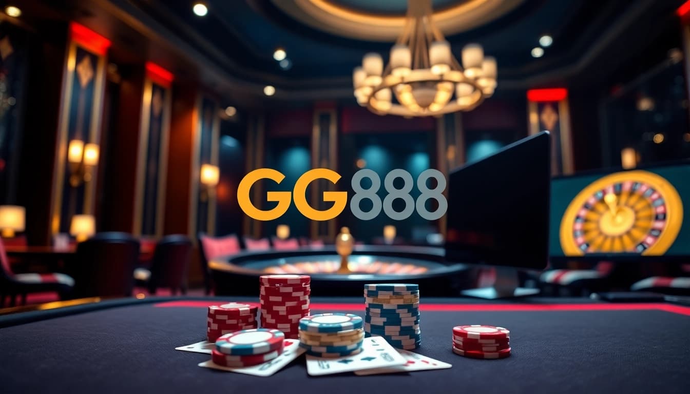 Exciting gaming scene at GG88 casino with poker chips and cards on a luxury table.