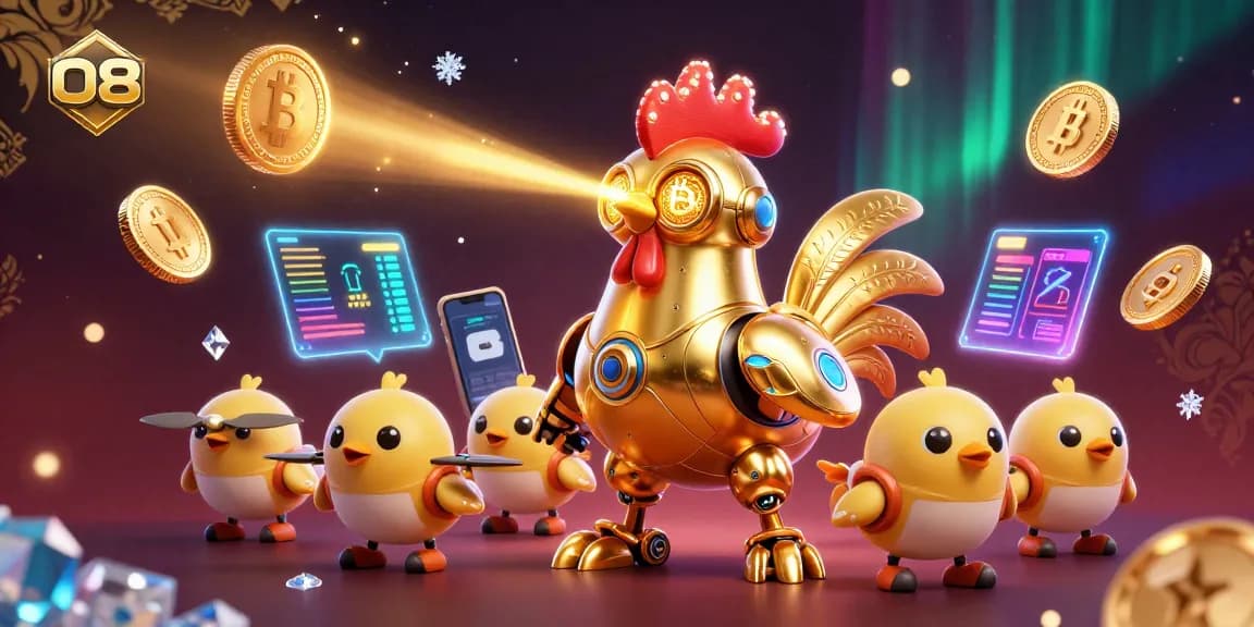 Experience O8 gaming with vibrant golden rooster robots and neon cryptocurrency elements.
