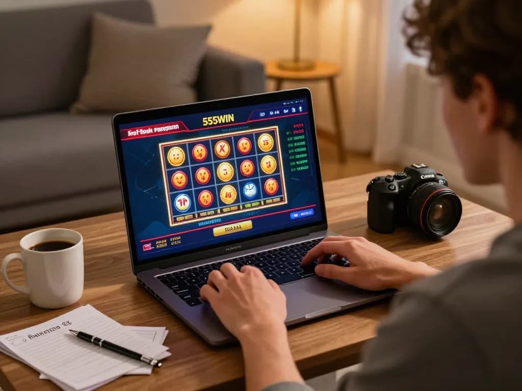 Player engaging with 555WIN casino interface on laptop in a cozy home environment.
