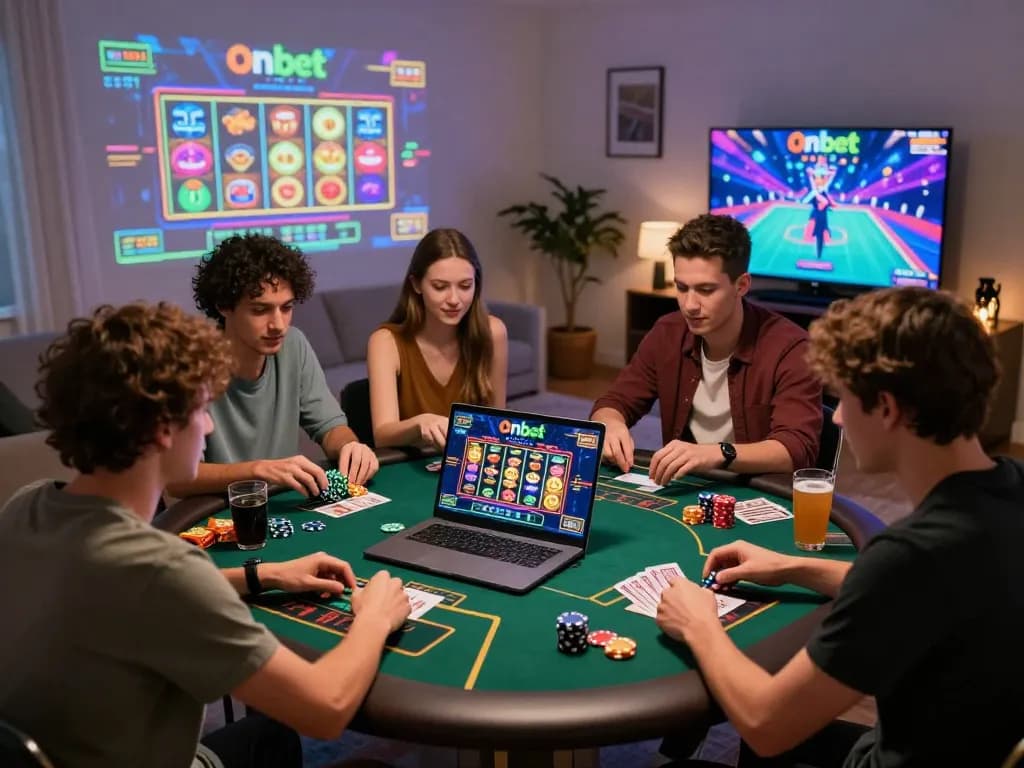 Friends playing Onbet casino games in a lively home setting, showcasing excitement and engagement.