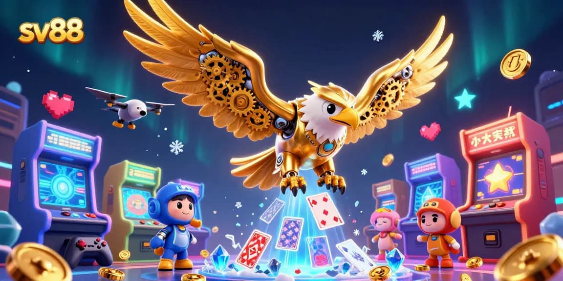 sv88 captures the excitement of online gaming with a golden eagle flying through holographic cards