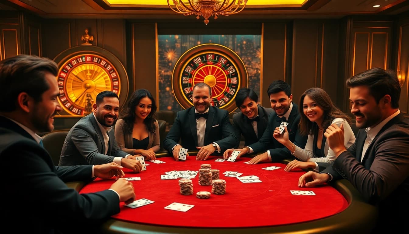Exciting poker game at FABET casino featuring vibrant lighting and luxury ambiance.