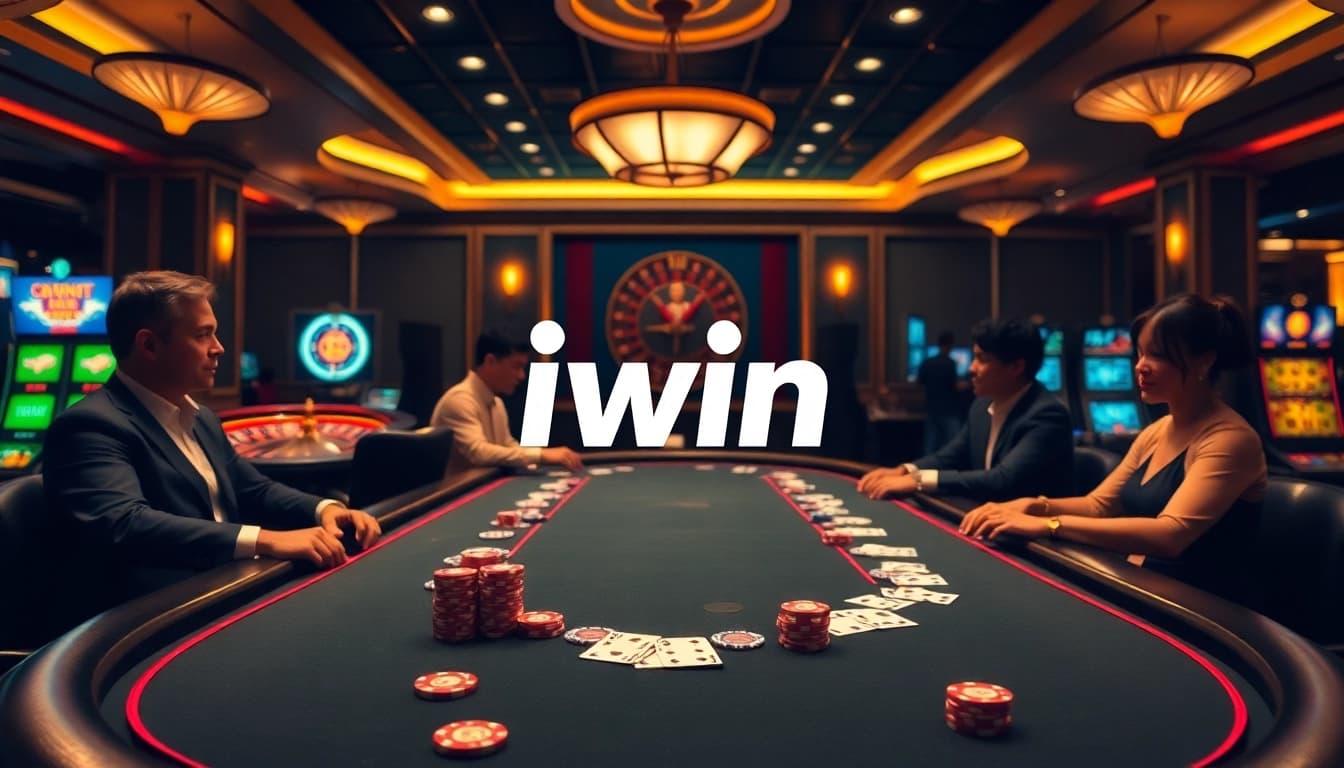 Players engaging in exciting games at cổng game Iwin, featuring vibrant casino elements.