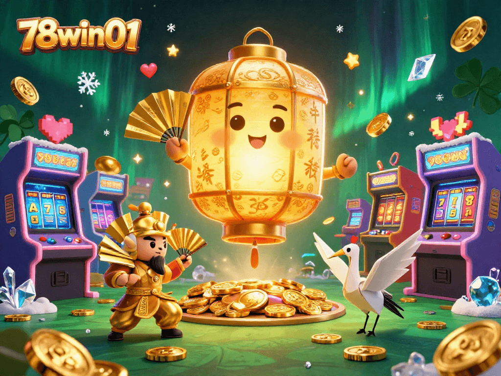 Engage with the vibrant atmosphere of the 78win01 casino illustrated with a golden lantern spirit floating above games and lucky symbols.